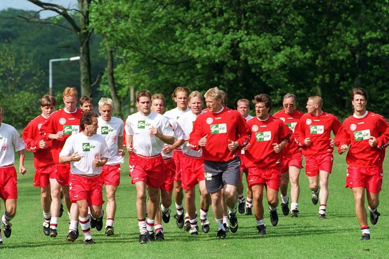 The Denmark squad training at Weetwood Hall Hotel in Leeds. They failed to qualify from the group stage of the competition.