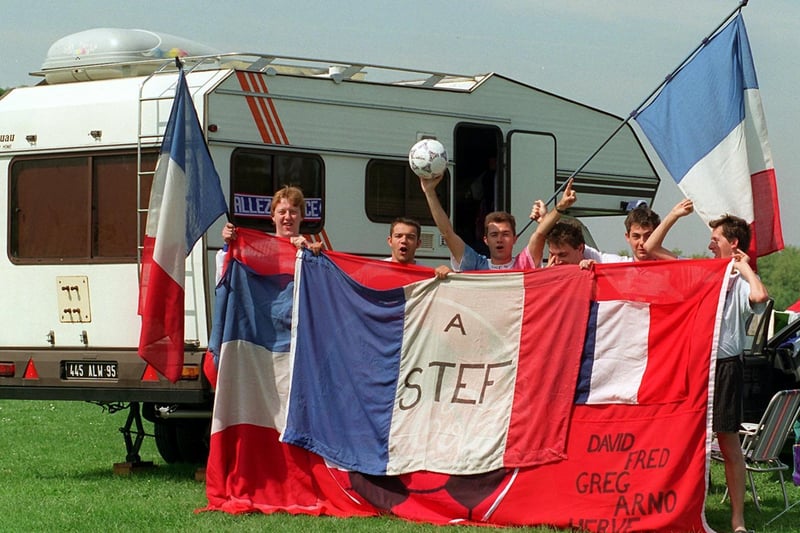 French fans staying at the Euro 96 camp site at Temple Newsam get into the party spirit ahead of the clash against Spain.