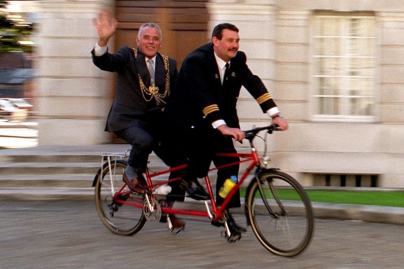 Lord Mayor of Leeds Coun Malcolm Bedford left his official limousine in the garage to mark Car Free Day. His duties were carried out on a tandem bike. Also pictured is Sergeant-at-Mace John Wilson.