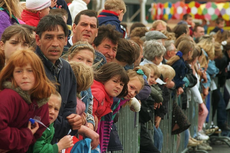 Crowds gather to see the stars from TV show Gladiators who opened the new National Express coach station on Dyer Street.