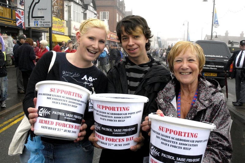 Armed Forces Day: Collecting for good causes are Holly-Louise Binder and Jordan MacDonald, Scarborough Sixth Form College, with Beryl Anderson, organiser of Scarborough Royal British Legion Poppy Appeal.