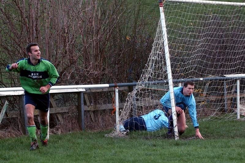 John Ward of Beeston St. Anthony's celebrates after scoing his second goal against Tadcaster Magnets in a West Yorkshire League Cup quarter final cup tie in December 2002.