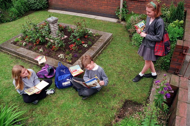 Pupils from White Laith Primary at Whinmoor enjoy the school's 'Heather Garden' Pictured are Natalie McLean, Nicholas Wilson and Sarah Bastow.