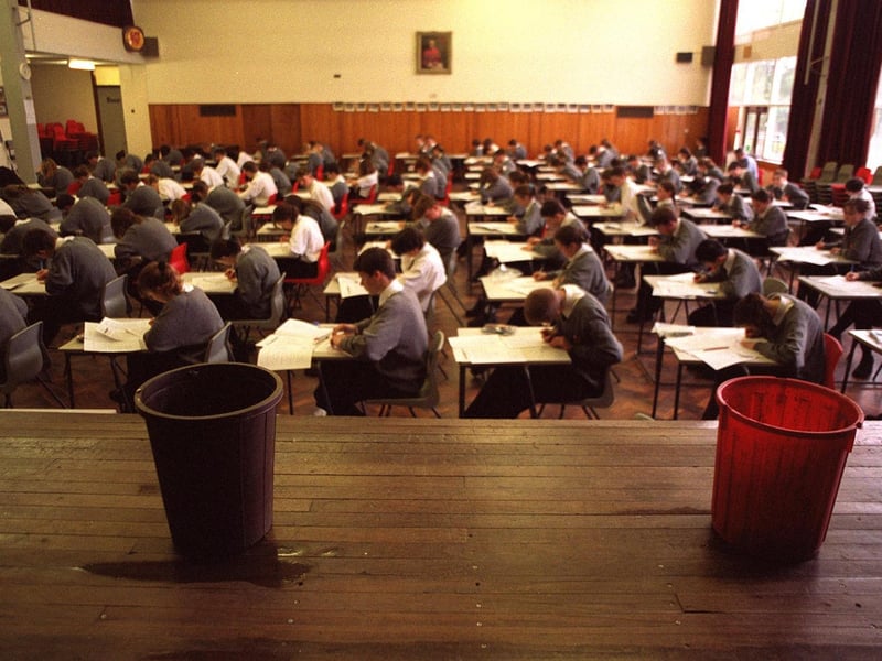 Pupils at Cardinal Heenan High School were forced to take their exams in a school hall with a leaky roof.