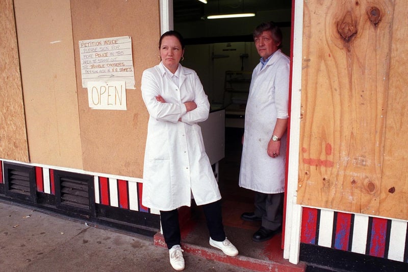 Business partners Janet Bray and Michael Gudgeon outside their butchers shop on Butcher Hill at West Park which was being repeatedly targeted by vandals.