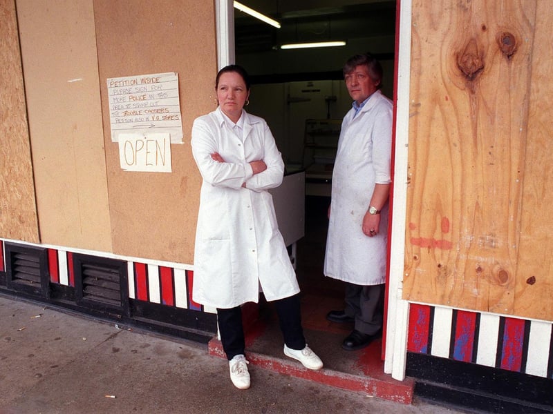 Business partners Janet Bray and Michael Gudgeon outside their butchers shop on Butcher Hill which was being repeatedly targeted by vandals.