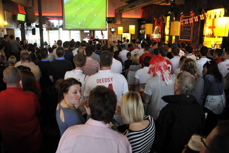 England fans watching the England v Ukraine Euro 2012 game, in The Barbican, which was packed with supporters for the big game.