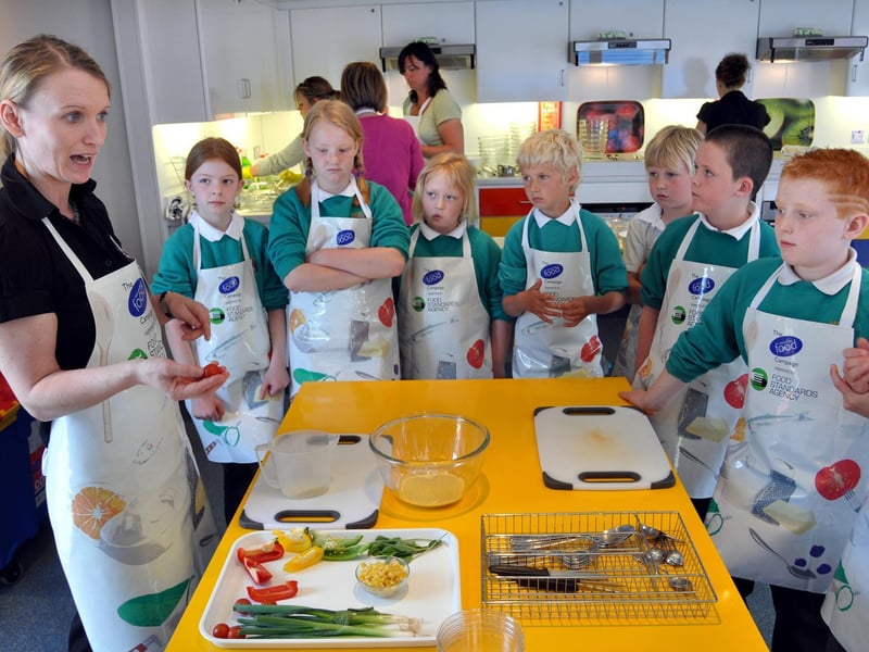 Danby School pupils at the cooking bus at Eskdale School with teacher Shirley Malone.