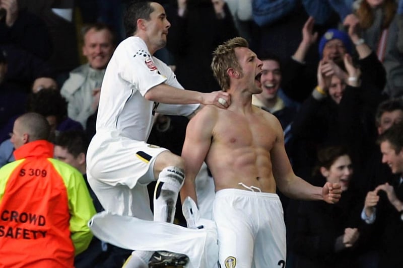 Rob Hulse celebrates scoring his first ever goal for Leeds United. He bagged a brace in a 3-1 win against Reading at Elland Road in February 2005.
