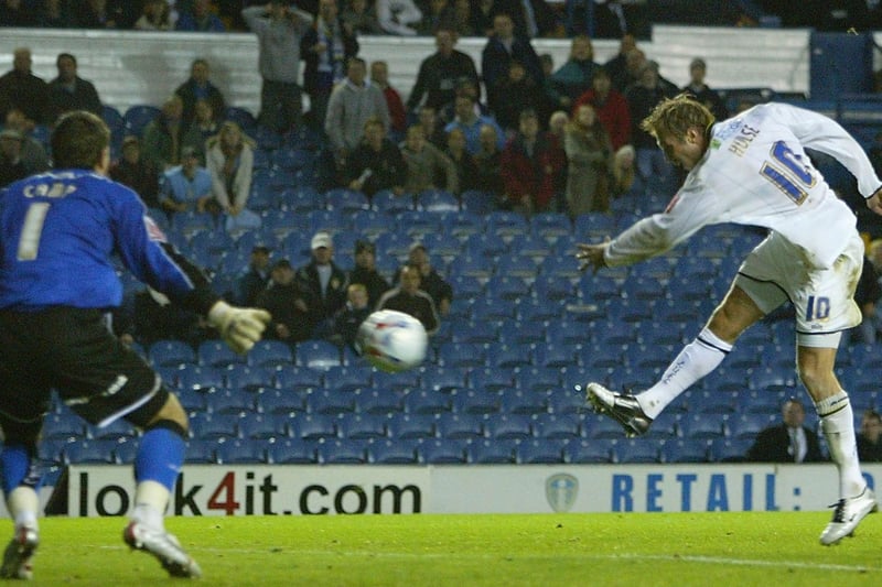 Rob Hulse fires home past  Derby County goalkeeper Lee Camp to complete his hat-trick at Elland Road in September 2005.