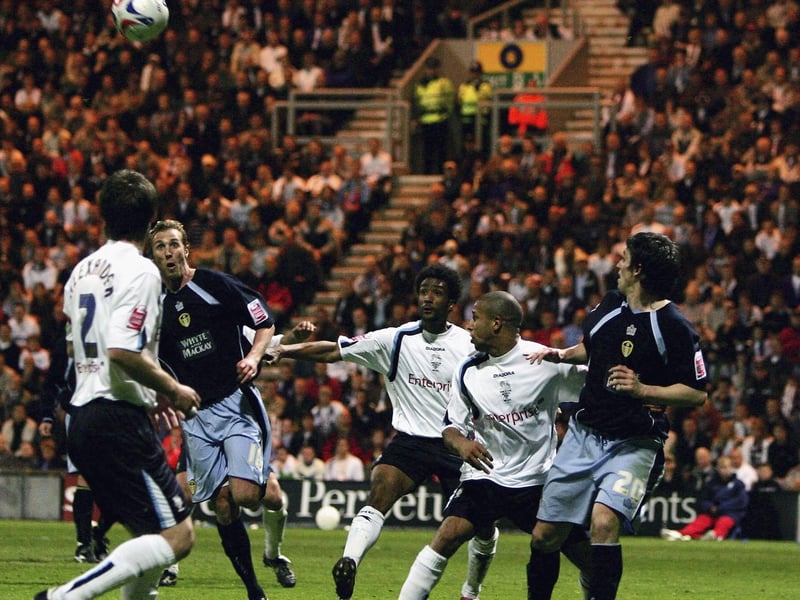 Striker Rob Hulse rises high to head home the opening goal of the game.