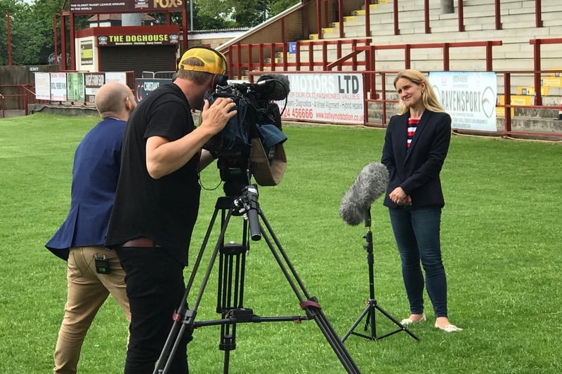 Kim Leadbeater speaks to the media during her tour of Batley Bulldogs' stadium