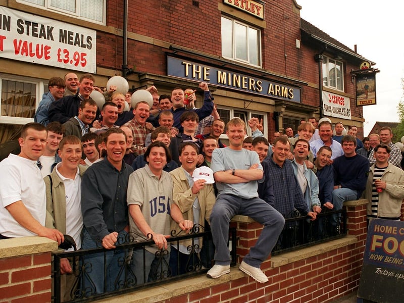 These lads were Benidorm-bound for a four-day stag do with Lee Mullins (centre) who was getting married. They are pictured leaving their local The Miners Arms in May 1996.