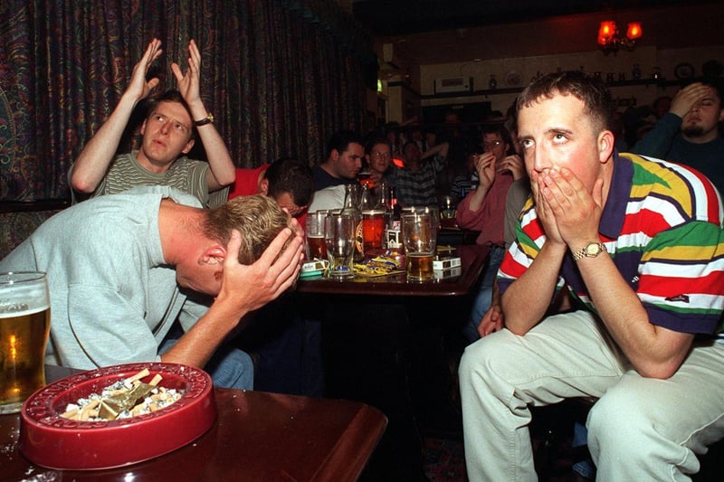 Dejected fans in The New Inn pub after England lost to Germany on penalties in the semi-final of Euro 96.