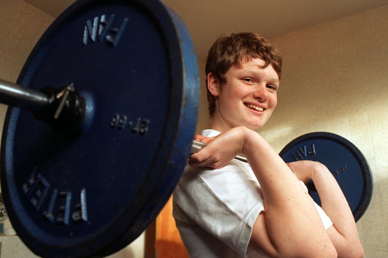 This is weightlifter and poet Elizabeth Mountain pictured at Bruntcliffe High School in December 1996.