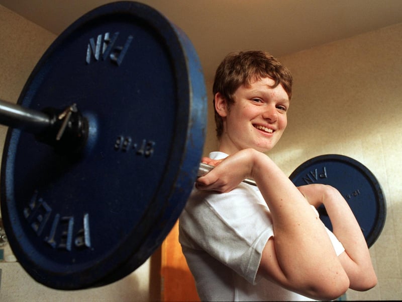 This is weightlifter and poet Elizabeth Mountain pictured at Bruntcliffe High School in December 1996.