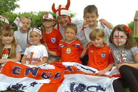 World Cup theme day - Clifton Infants School. back - Brandon Robinson, Connor Bowes-Place, Mrs Lorraine Siddall, Jacob Lyman. front - Scarlett Karch, Alicia Hesslegrave, Samuel Armitage, Laura Thornton, Isabella Morrow in 2010