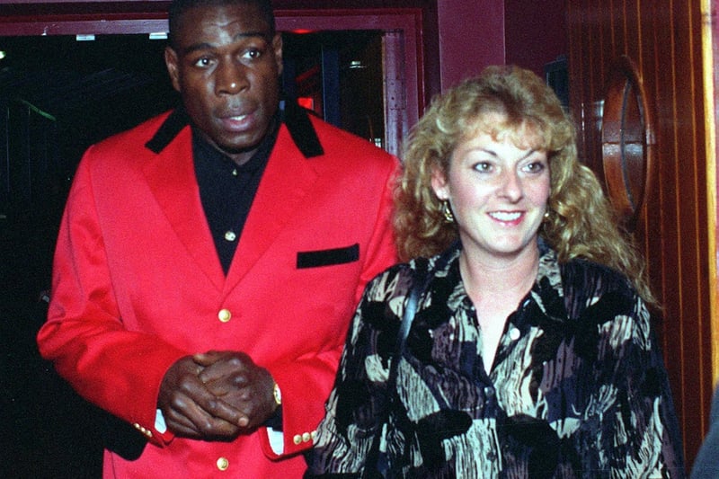 Guests of honour Frank Bruno and wife Laura arrive at Club Barcelona in November 1997.