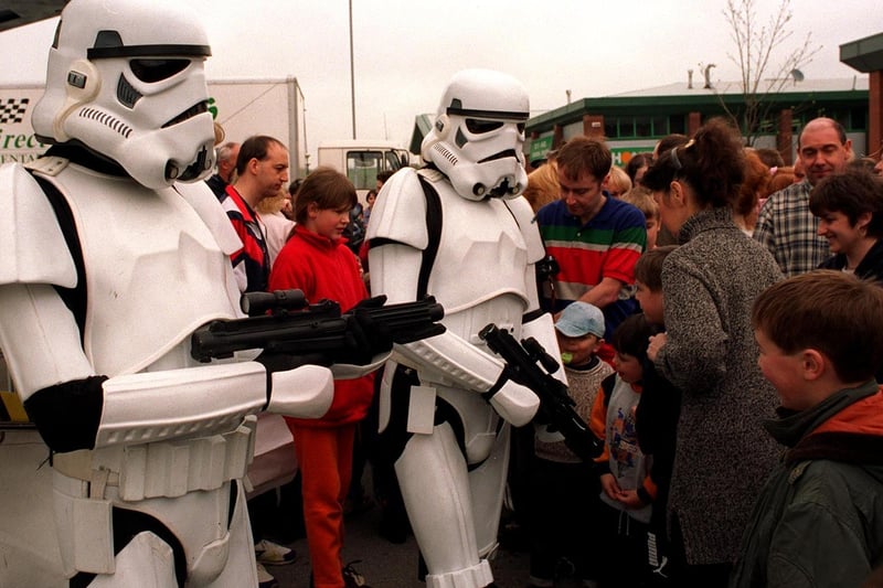 Storm Troopers at the Toys 'R' Us Stars Wars roadshow at Birstall’s Centre 27 retail park in April 1997.