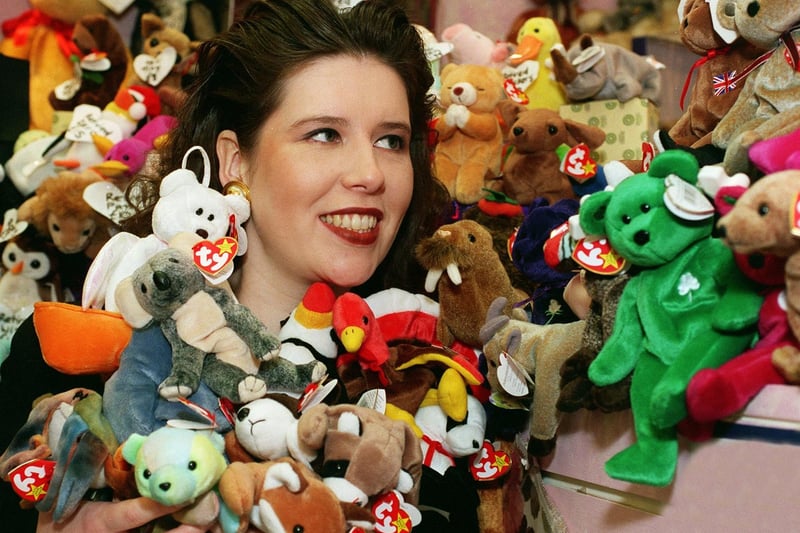 Beanie babies were a craze sweeping Leeds. Pictured is Victoria Shortle owner of the shop Mary Shortle in Leeds surrounded by the cuddly toys.