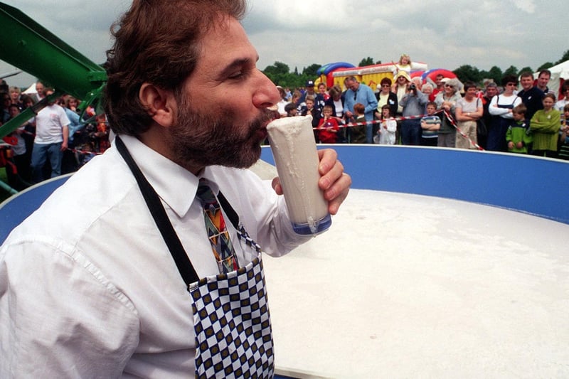 George Psarias, owner of the Olive Tree restaurant at Rodley, tastes a sample during his record breaking attempt for the worlds largest milk shake.