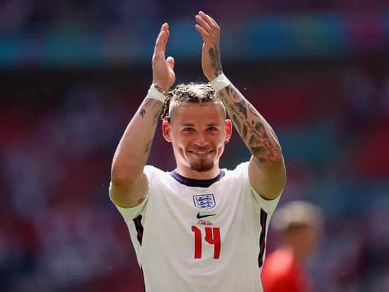 Leeds United's Kalvin Phillips salutes the Wembley crowd following the 1-0 win over Croatia.