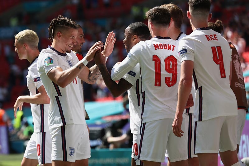 Sterling is congratulated by Phillips as England secure the much-needed goal to earn them all three points.