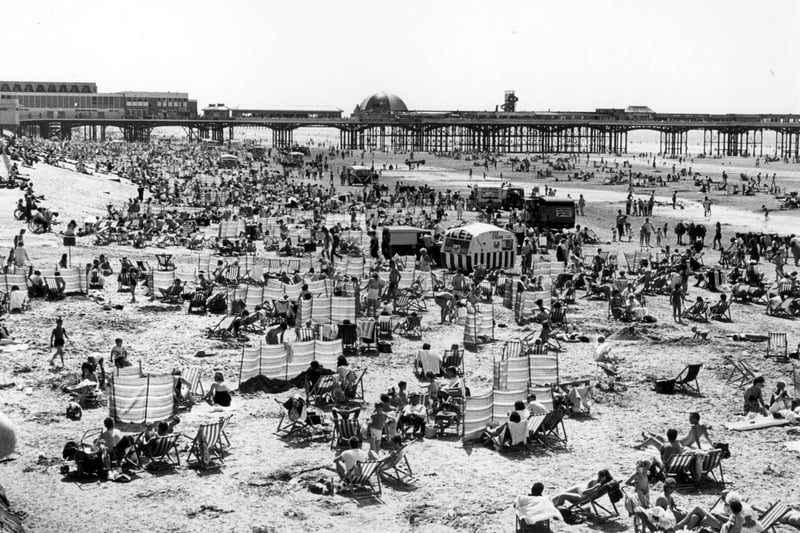 Blackpool's Central Beach with deckchairs and wind breakers pictured in the late 1970s