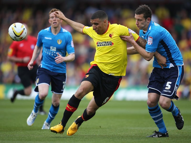 Jason Pearce gets to grips with Watford striker Troy Deeney.