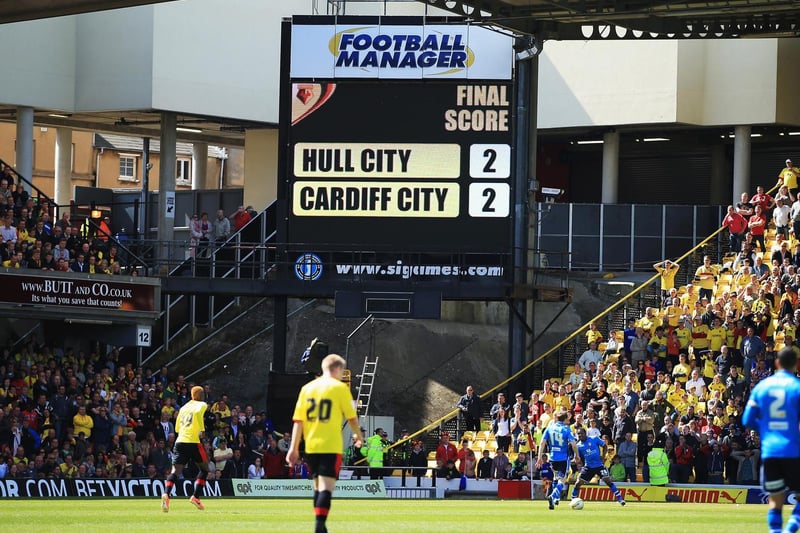 The final score between Hull City and Cardiff City is displayed on the big screen at full-time.