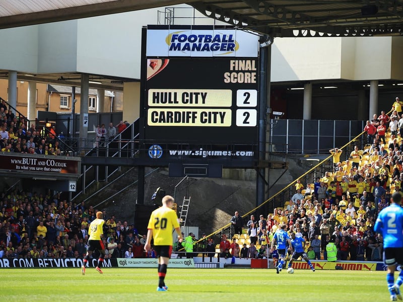 The final score between Hull City and Cardiff City is displayed on the big screen at full-time.