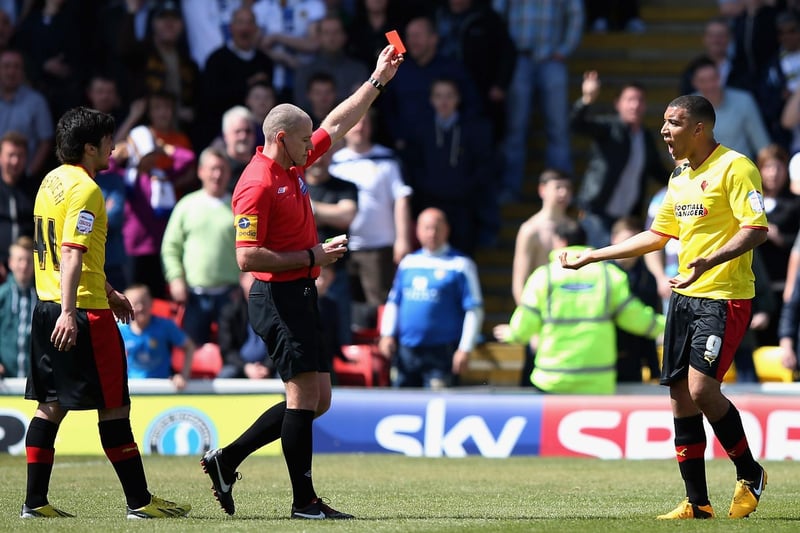 Watford striker Troy Deeneyis shown the red card by referee Graham Salisbury.