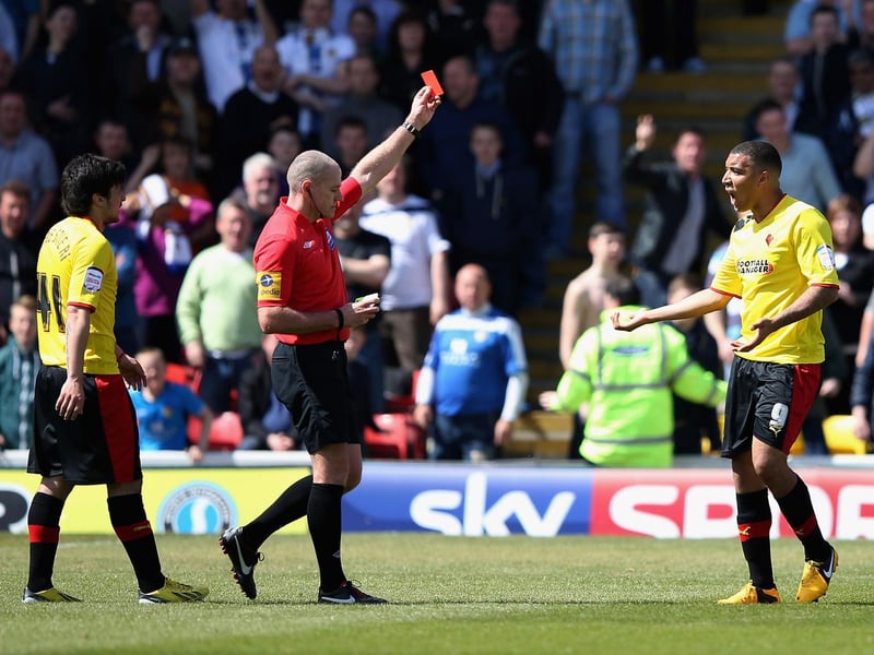 Watford striker Troy Deeneyis shown the red card by referee Graham Salisbury.
