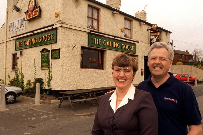 This is John Holder and Julie Cave who ran the The Gaping Goose pub on Selby Road in April 1996.
