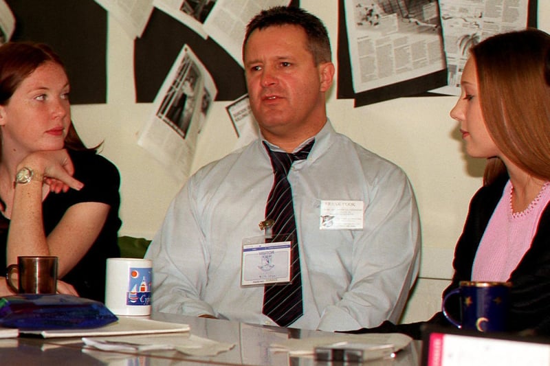 Former convict Frank Cook visited Garforth Community College to talk a group of sixth form pupils in July 1996. He is pictured next to Kelly Maud (left) and Helen Holmes.