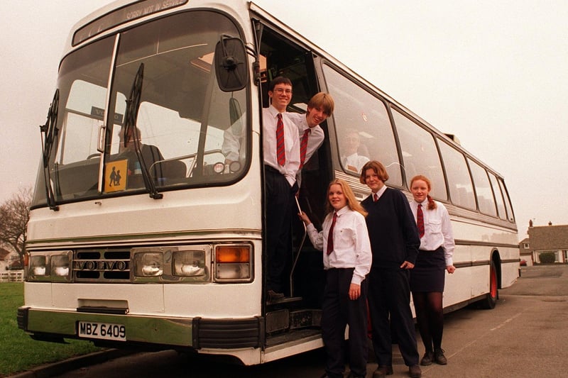 Some pupils from Garforth Community College aboard their new coach in March 1996.