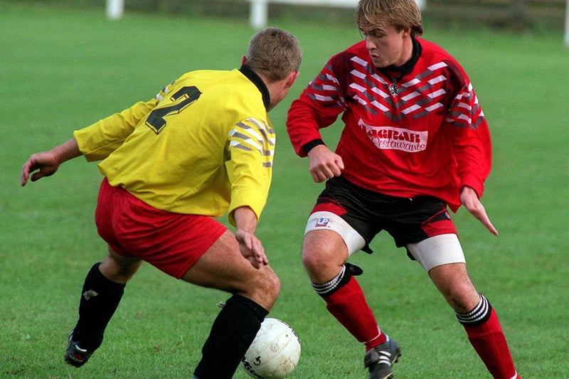 Garforth's Darren Abrams moves past Hucknall's Dean Spriggs during the North East and County League Division 1 clash in October 1996.