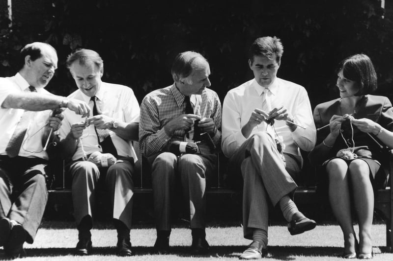 Salesmen at Guiseley factory Wendy Woolds were given a new instruction by their boss in April 1990 - get knitting. Pictured are, from left, Bill Stewart, Bob McCulloch, Patrick Moody, Andrew Robinson and Lorinda Sheardby.