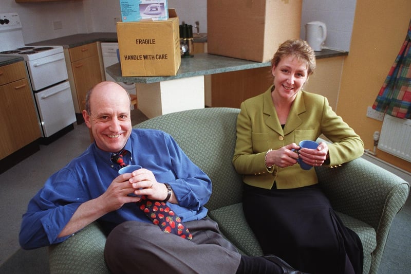Graham Siddle, appeals manager of St Anne's Shelter & Housing, and Penny Morley, manager of Lloyd's Bank Horsforth branch enjoy a tea break after moving in new furniture at the newly completed Silver Jubilee House.