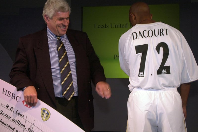 Chairman Peter Ridsdale and Leeds United's £7.2m signing Olivier Dacourt at Elland Road.