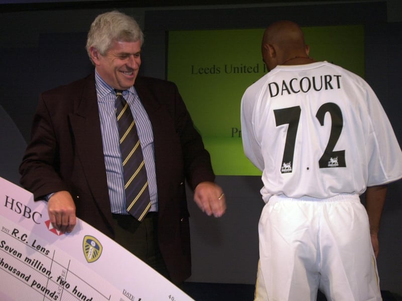 Chairman Peter Ridsdale and Leeds United's £7.2m signing Olivier Dacourt at Elland Road.