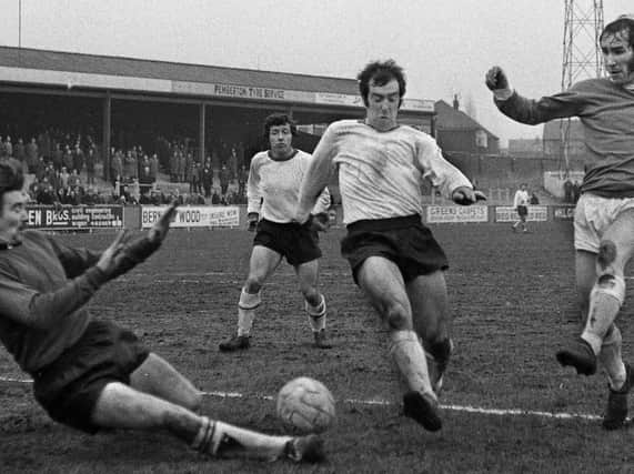 1972 - Wigan Athletic's Jim Fleming moves in on goal against South Liverpool in the Northern Premier League match at Springfield Park on Saturday 19th of February 1972. Wigan lost 1-0.