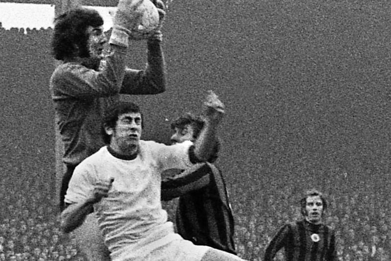 1971 - Wigan Athletic forward, Geoff Davies, has the ball taken off his head by Manchester City goalkeeper, Joe Corrigan, during the FA Cup 3rd round match at Maine Road on Saturday 2nd of January 1971.  Non league Wigan were unlucky to lose against high flying 1st Division side Manchester City to a Colin Bell goal in the 1-0 result.