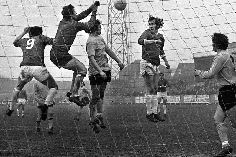 1972 - Wigan Athletic's Geoff Davies and Jim Fleming challenging for the ball in the FA Trophy 3rd round match against Barnet at Springfield Park on Saturday 26th of February 1972. Wigan lost the match 2-1 with Joe Fletcher scoring the Latic's goal.