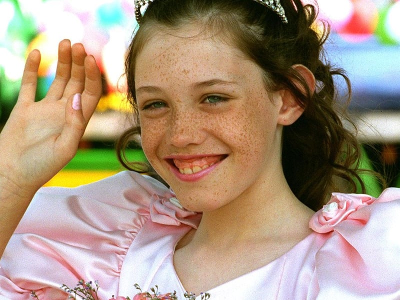 A regal wave from Gala Queen Sophia Peat in 1997 She was a pupil at Horsforth School.