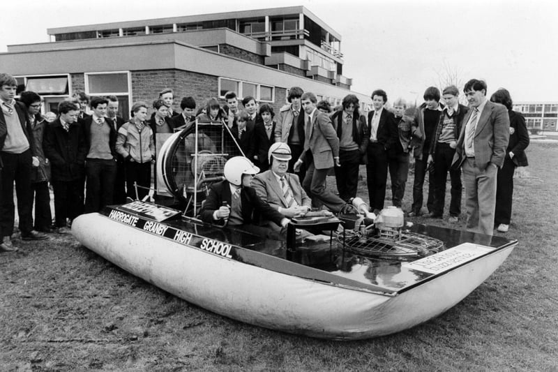 Harrogate, March 1981  Three years of hard spare time work by a group of pupils at Granby High School, Harrogate, came to an end yesterday with the launching of their hoverccraft.  The two seater craft, named Buzz Bee, was built by groups from the school's design, craft and technology department, guided by Mr. Neville Wardle and Mr. David Smith.  Mr. Smith took the controls on the maiden run, accompanied by the governor's chairman, Dr. Lyle Isaacs.
