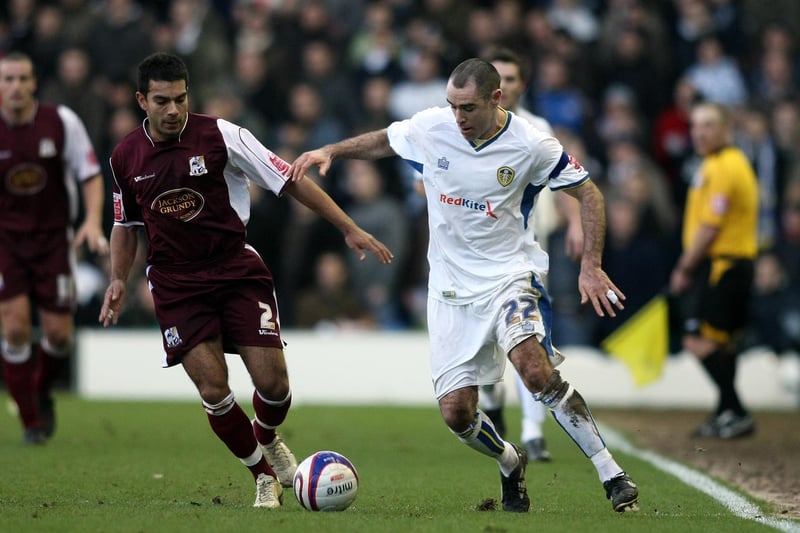 Andy Hughes battles for the ball with Northampton Town's Jason Crowe during the League One clash at Elland Road in January 2008.