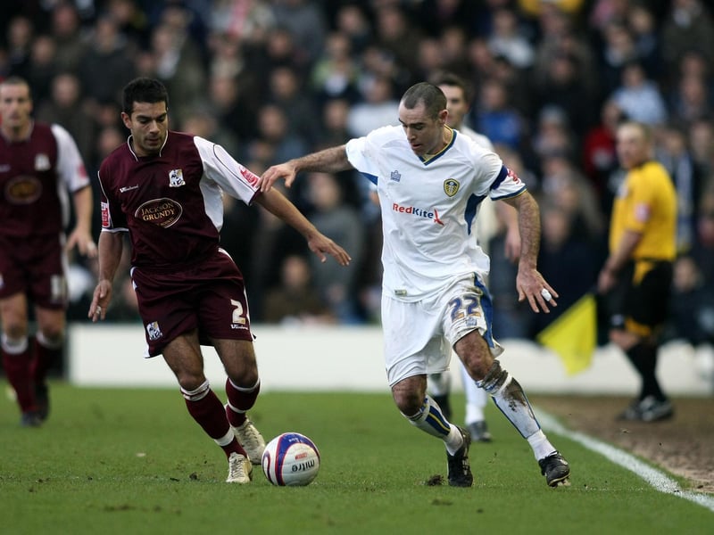 Andy Hughes battles for the ball with Northampton Town's Jason Crowe during the League One clash at Elland Road in January 2008.
