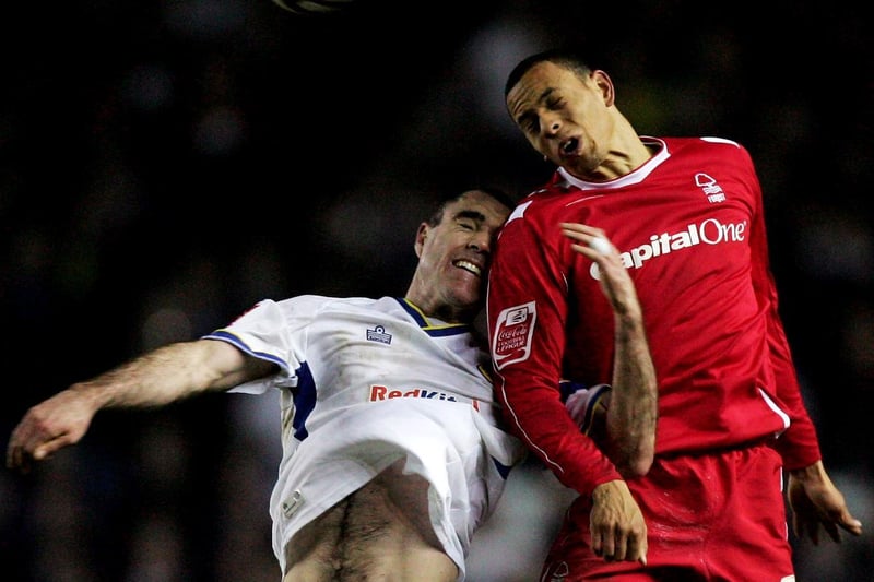 Andy Hughes rises high with Nottingham Forest's Nathan Tyson during the League One clash at Elland Road in February 2008.