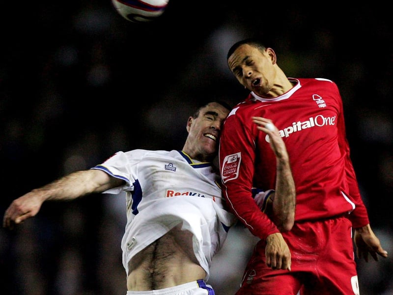 Andy Hughes rises high with Nottingham Forest's Nathan Tyson during the League One clash at Elland Road in February 2008.